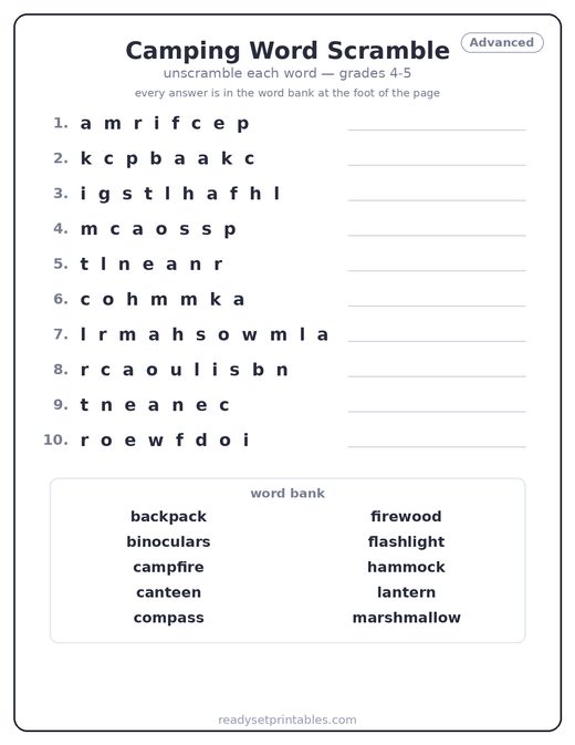 Camping Word Scrambles
