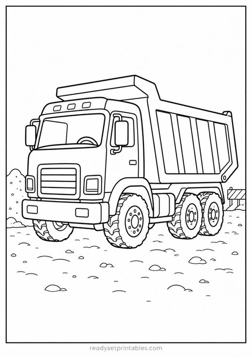 cartoon dump truck coloring page — free printable coloring sheet for kids