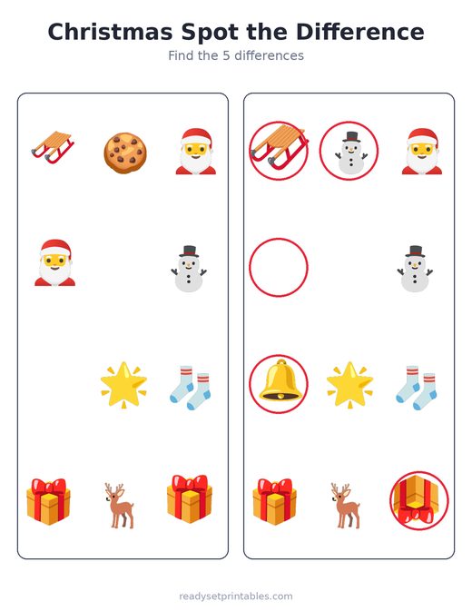 Christmas spot the difference answer key — free printable for kids