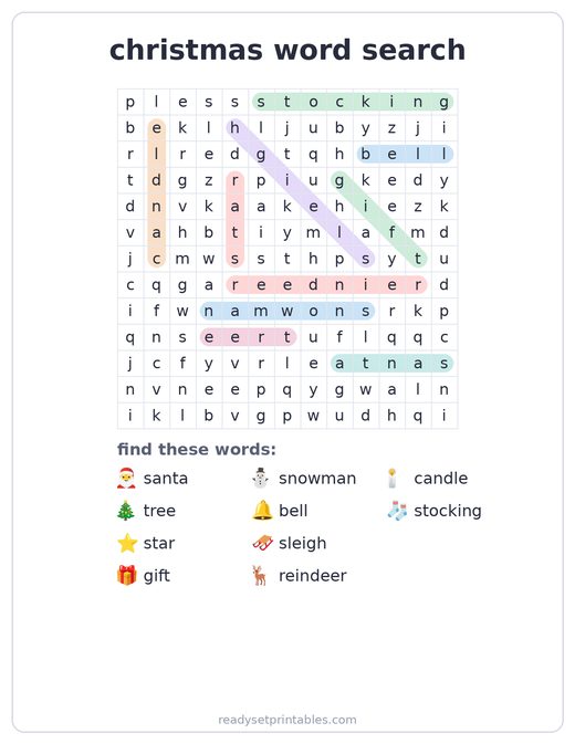 Christmas word search answer key — free printable for kids