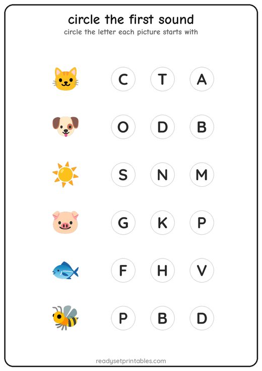 Circle the First Sound Phonics Worksheet — free printable for early learners