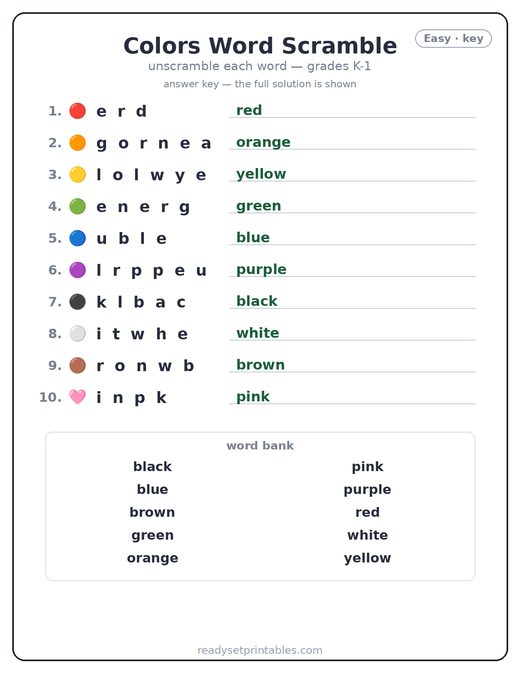 Colors word scramble puzzle, easy answer key — free printable