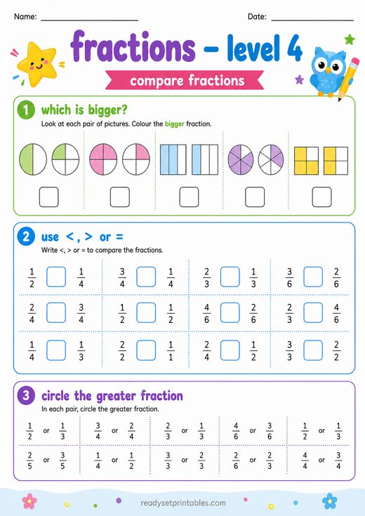 Comparing Fractions Worksheet — printable Fractions math worksheet