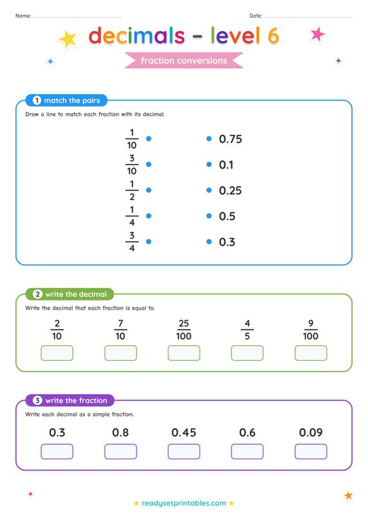 Converting Fractions to Decimals Worksheet — printable Decimals math worksheet