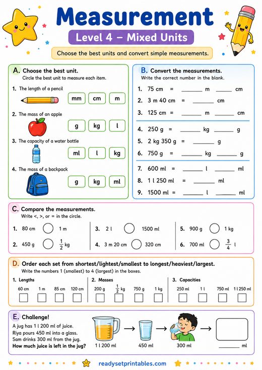 Converting Units of Measurement Worksheet — printable Measurement math worksheet