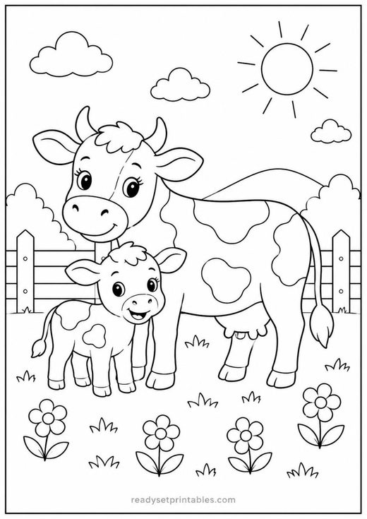 cow and calf coloring page — free printable coloring sheet for kids