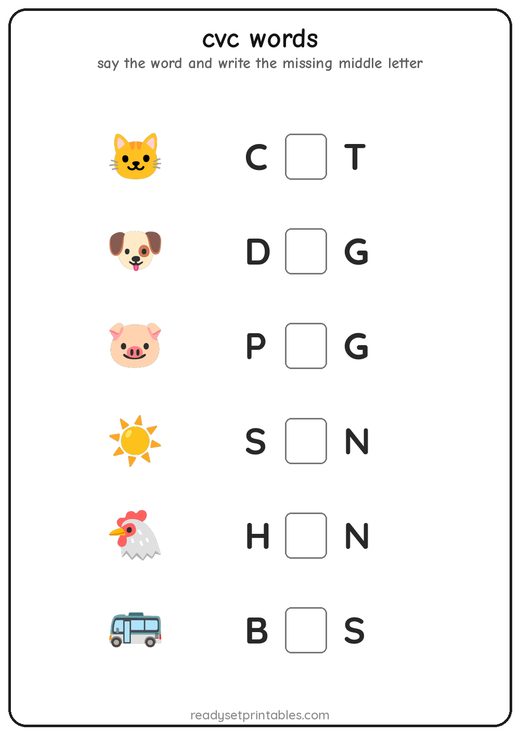 CVC Words Missing Vowel Phonics Worksheet — free printable for early learners