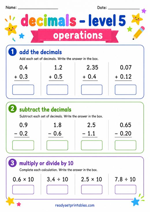 Decimal Operations Worksheet — printable Decimals math worksheet
