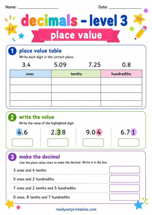 Decimal Place Value Worksheet — printable Decimals math worksheet