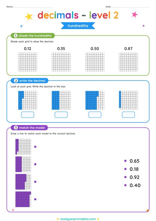 Decimals Hundredths Worksheet — printable Decimals math worksheet