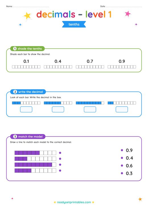 Decimals Tenths Worksheet — printable Decimals math worksheet