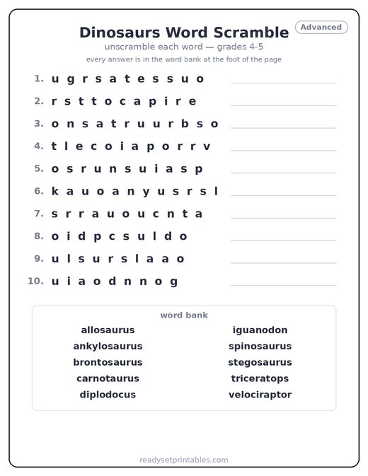 Dinosaur word scramble puzzle, advanced — free printable
