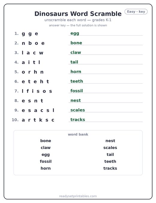 Dinosaur word scramble puzzle, easy answer key — free printable