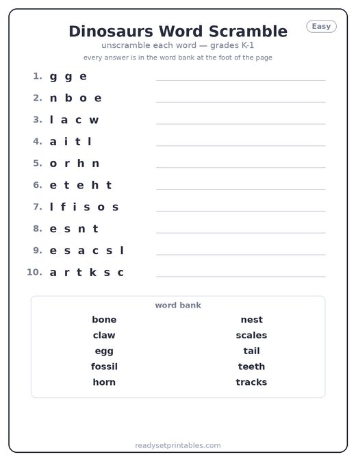 Dinosaur Word Scrambles