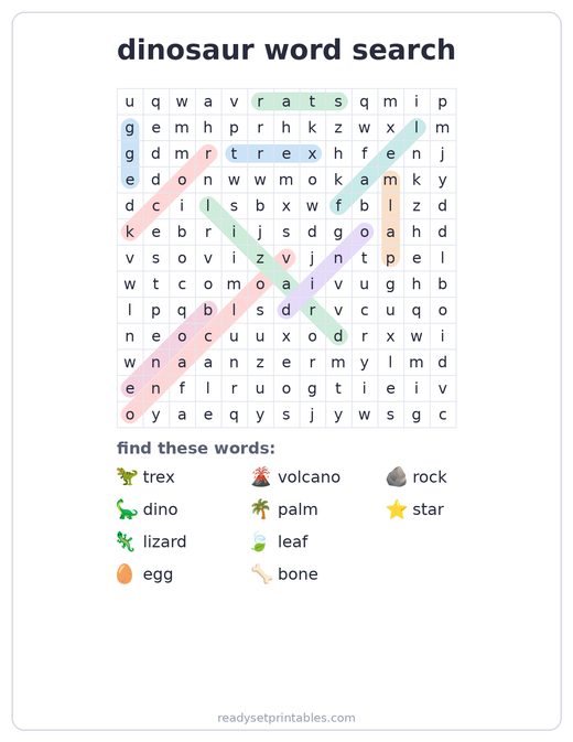 Dinosaur word search answer key — free printable for kids