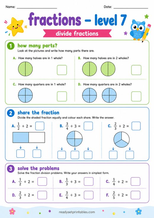 Dividing Fractions Worksheet — printable Fractions math worksheet