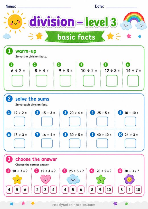 Division Facts Worksheet — printable Division math worksheet