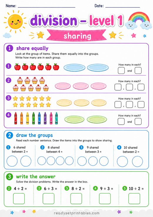 Division Sharing Worksheet — printable Division math worksheet