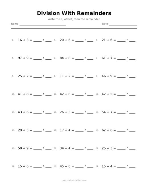 Division with Remainders Worksheets