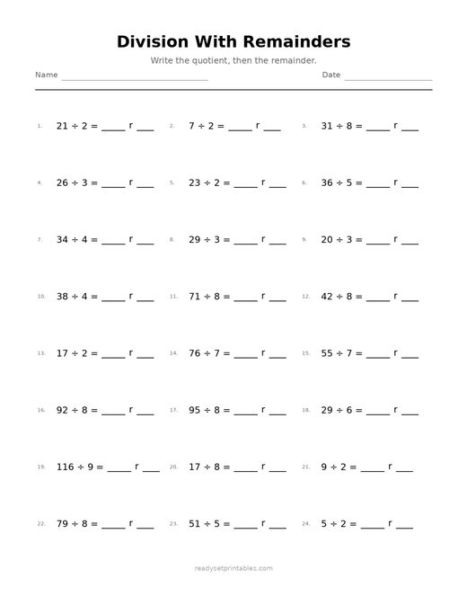 Division with Remainders 02 — printable Division math worksheet