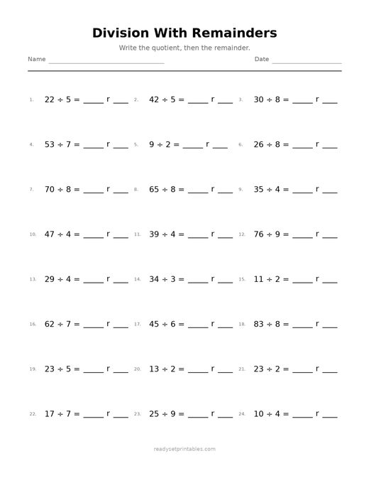 Division with Remainders 03 — printable Division math worksheet