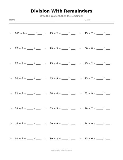 Division with Remainders 04 — printable Division math worksheet