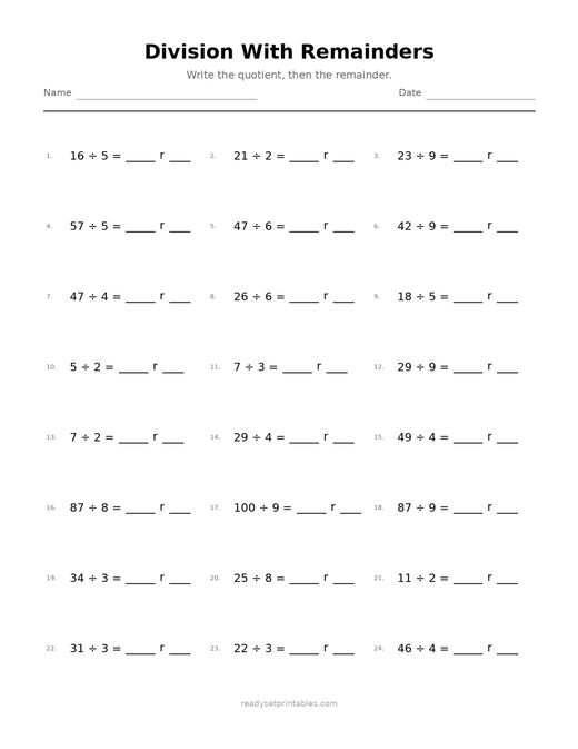 Division with Remainders 05 — printable Division math worksheet