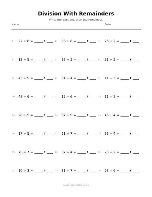 Division with Remainders 06 — printable Division math worksheet