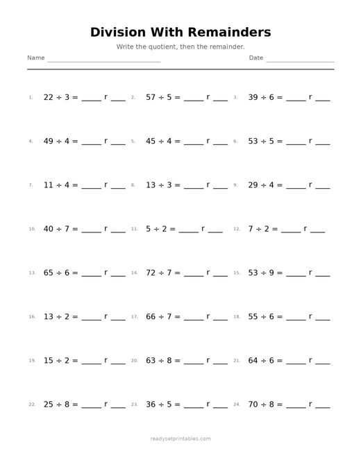 Division with Remainders 07 — printable Division math worksheet