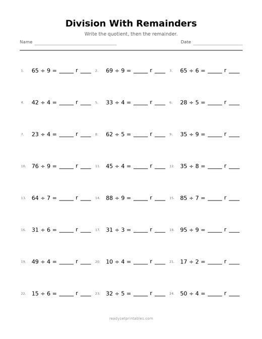 Division with Remainders 08 — printable Division math worksheet