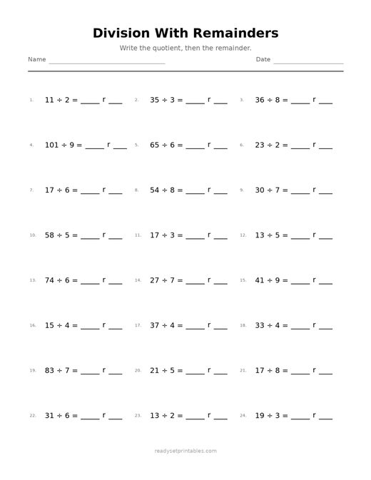Division with Remainders 09 — printable Division math worksheet