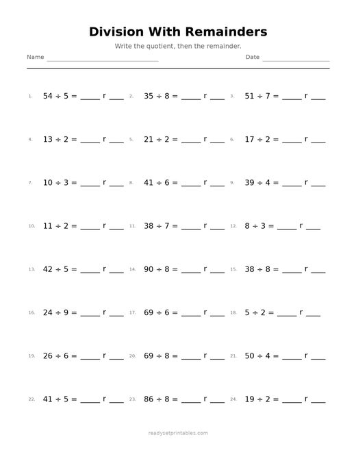 Division with Remainders 10 — printable Division math worksheet