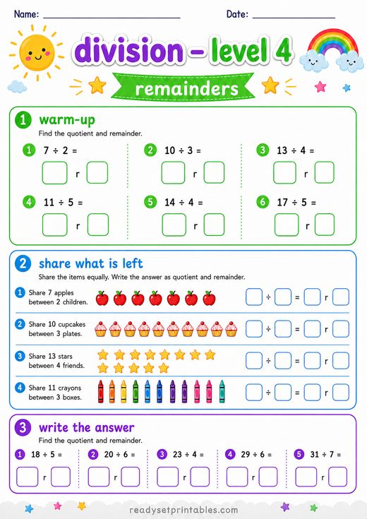 Division with Remainders Worksheet — printable Division math worksheet