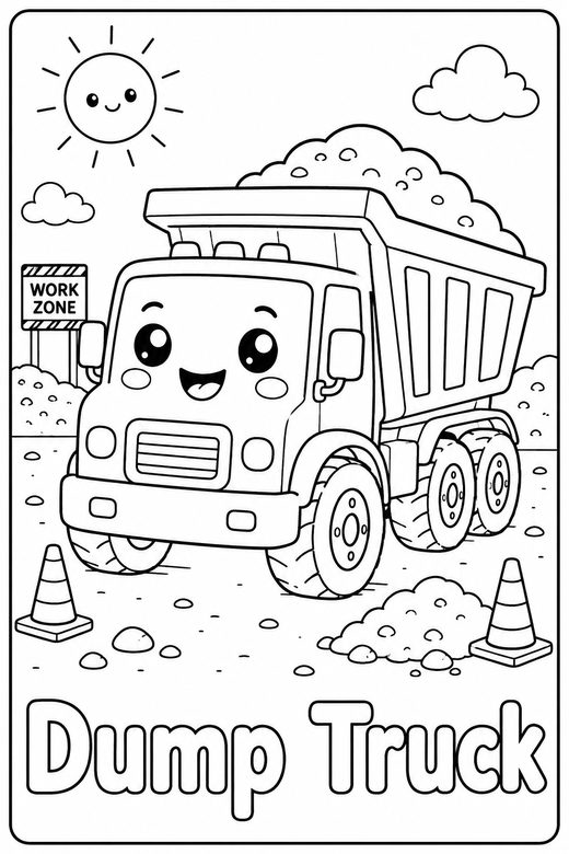 dump truck coloring page — free printable coloring sheet for kids