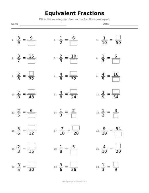 Equivalent Fractions 07 — printable Fractions math worksheet