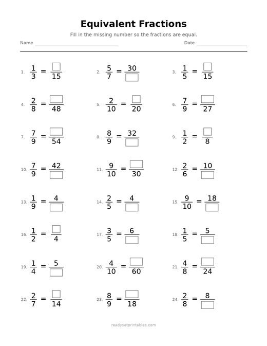 Equivalent Fractions 10 — printable Fractions math worksheet
