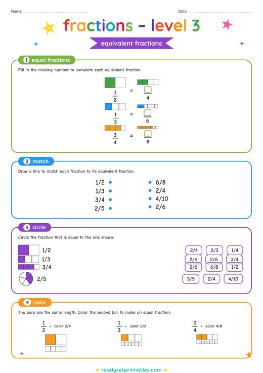 Equivalent Fractions Worksheet — printable Fractions math worksheet