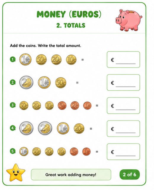 Money (Euros) Worksheets
