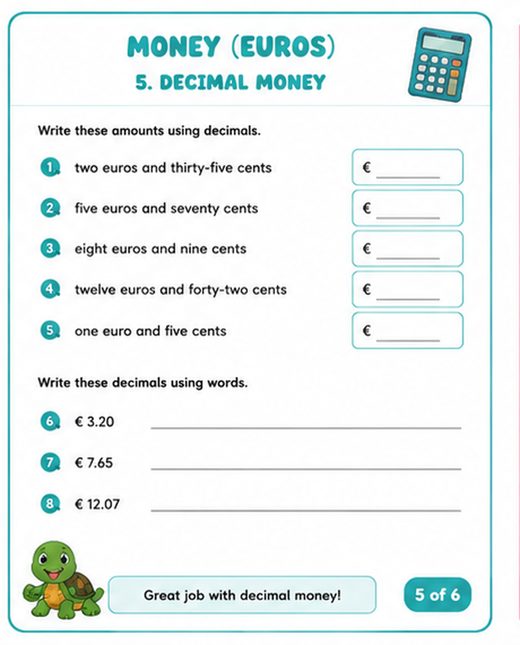 Euro Money Decimals Worksheet — printable Money (Euros) math worksheet