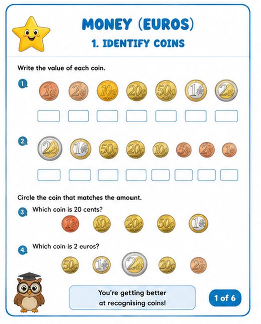 Euro Money Identify Coins Worksheet — printable Money (Euros) math worksheet