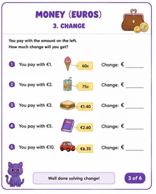 Euro Money Making Change Worksheet — printable Money (Euros) math worksheet