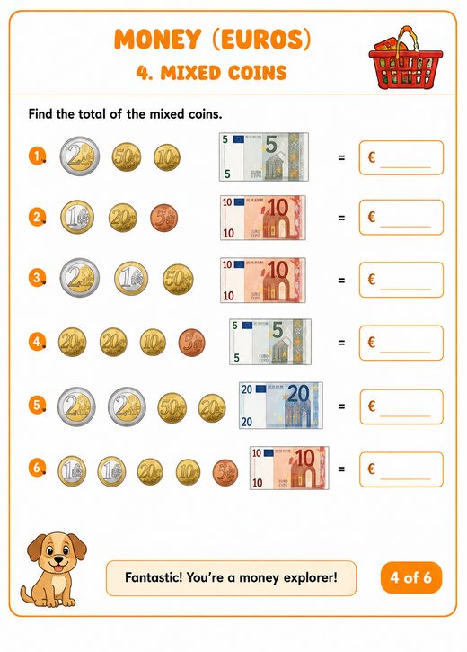 Euro Money Mixed Coins Worksheet — printable Money (Euros) math worksheet