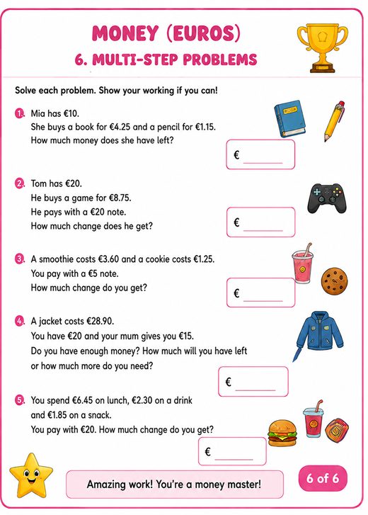 Euro Money Word Problems Worksheet — printable Money (Euros) math worksheet