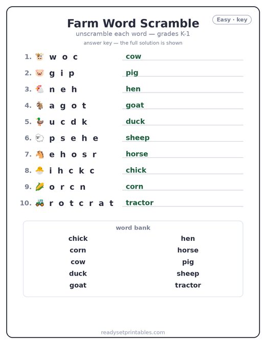 Farm word scramble puzzle, easy answer key — free printable