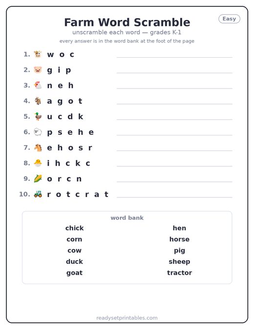 Farm Word Scrambles