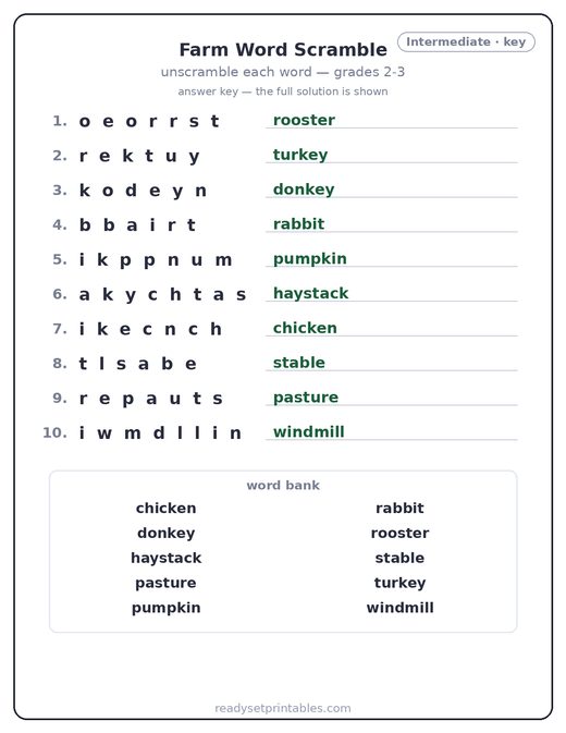 Farm word scramble puzzle, intermediate answer key — free printable