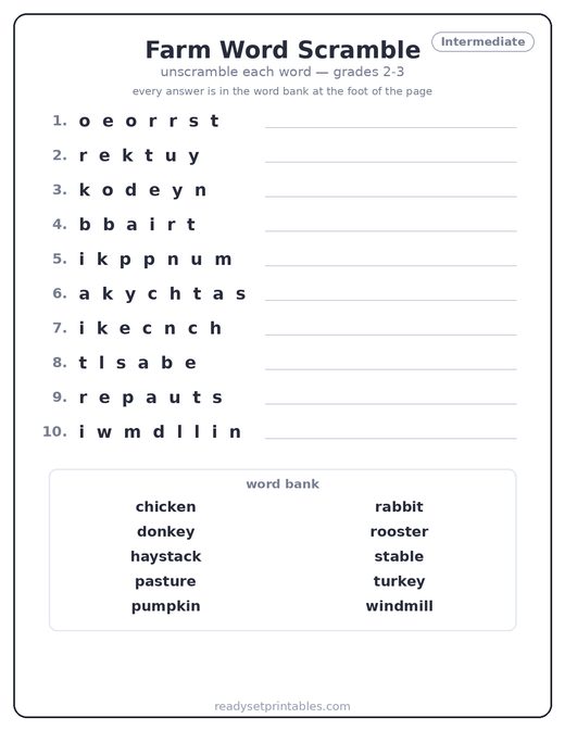 Farm word scramble puzzle, intermediate — free printable