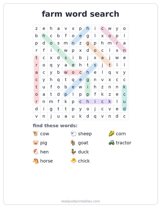 Farm word search answer key — free printable for kids