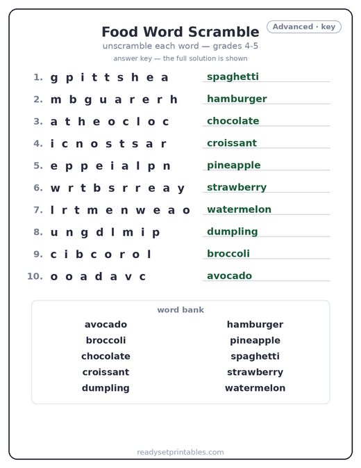 Food word scramble puzzle, advanced answer key — free printable