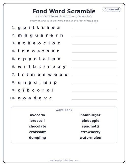 Food word scramble puzzle, advanced — free printable